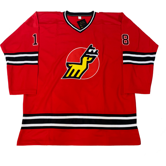 Michigan Stags Jersey red, Black, white, and black collar. Black, white, black, white, black bands mid-sleeve and just above waist. #18 in black with white trim small on shoulders. Red circle on chest with stylized gold deer with black antlers. Royal Retros