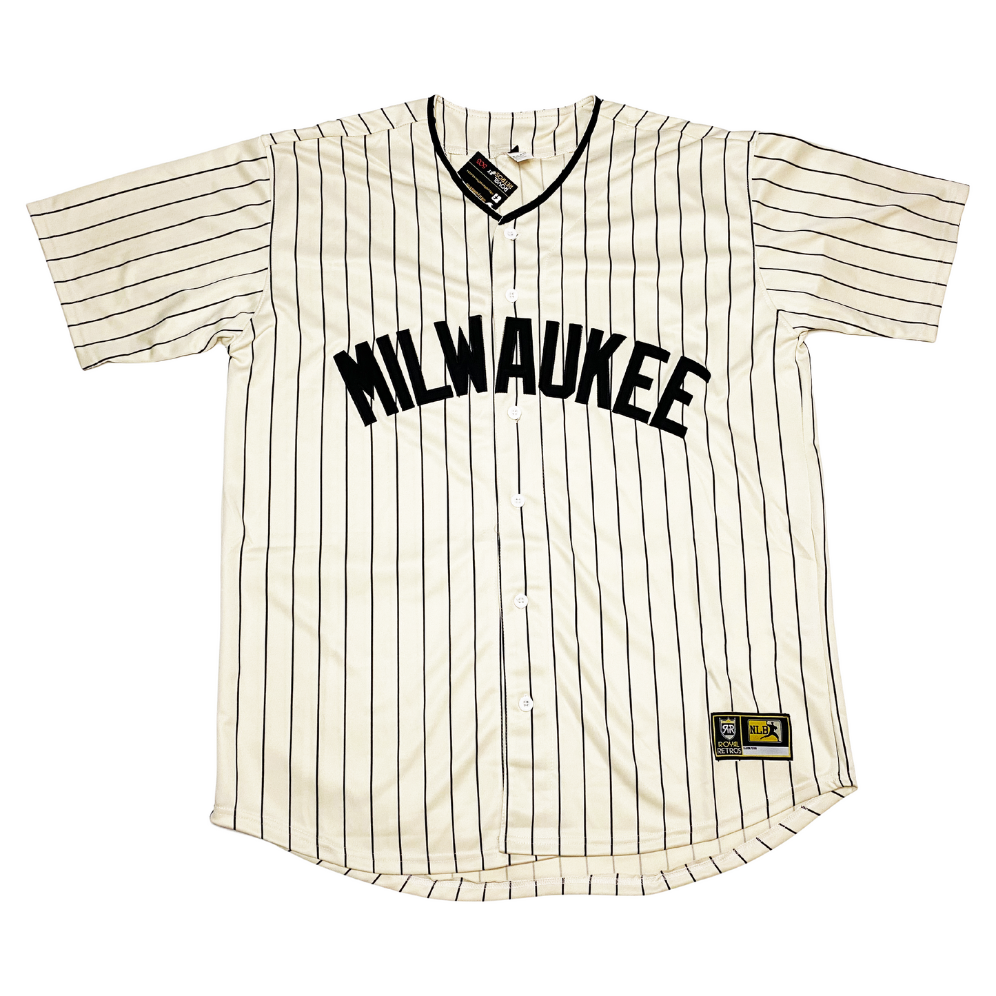 milwaukee bears negro leagues button-up baseball jersey brewers.  Cream with black collar. Black pinstripes. MILWAUKEE in think block letters in navy arched across chest. Royal Retros