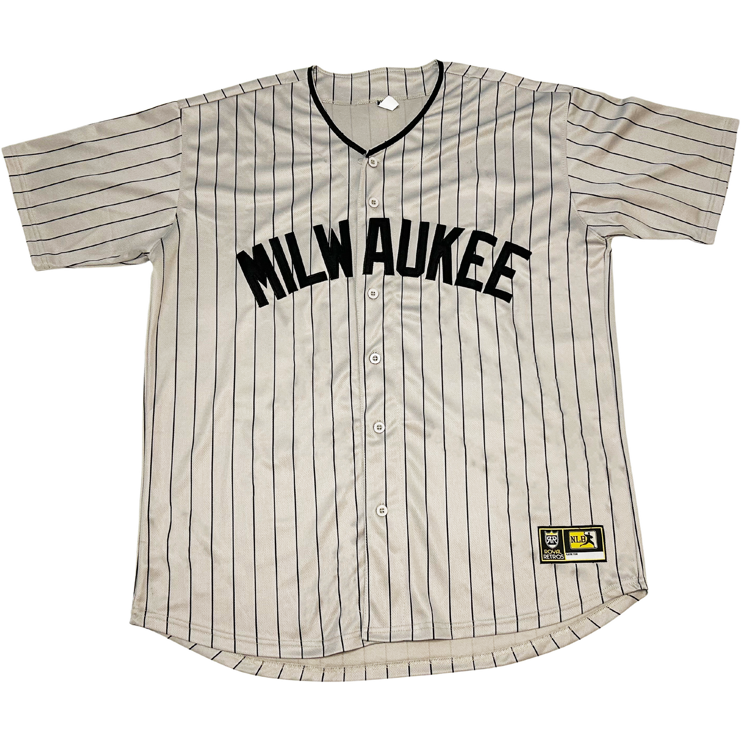 milwaukee bears negro league button-up  jersey. Gray with navy pinstripes. Navy collar. MILWAUKEE in think block letters in navy across chest. Royal Retros