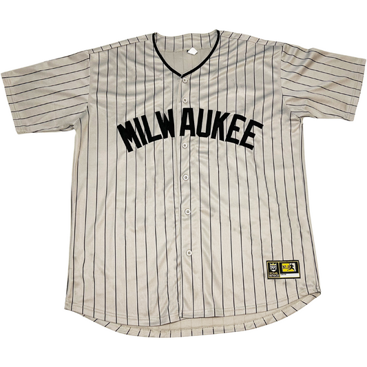 milwaukee bears negro league button-up  jersey. Gray with navy pinstripes. Navy collar. MILWAUKEE in think block letters in navy across chest. Royal Retros