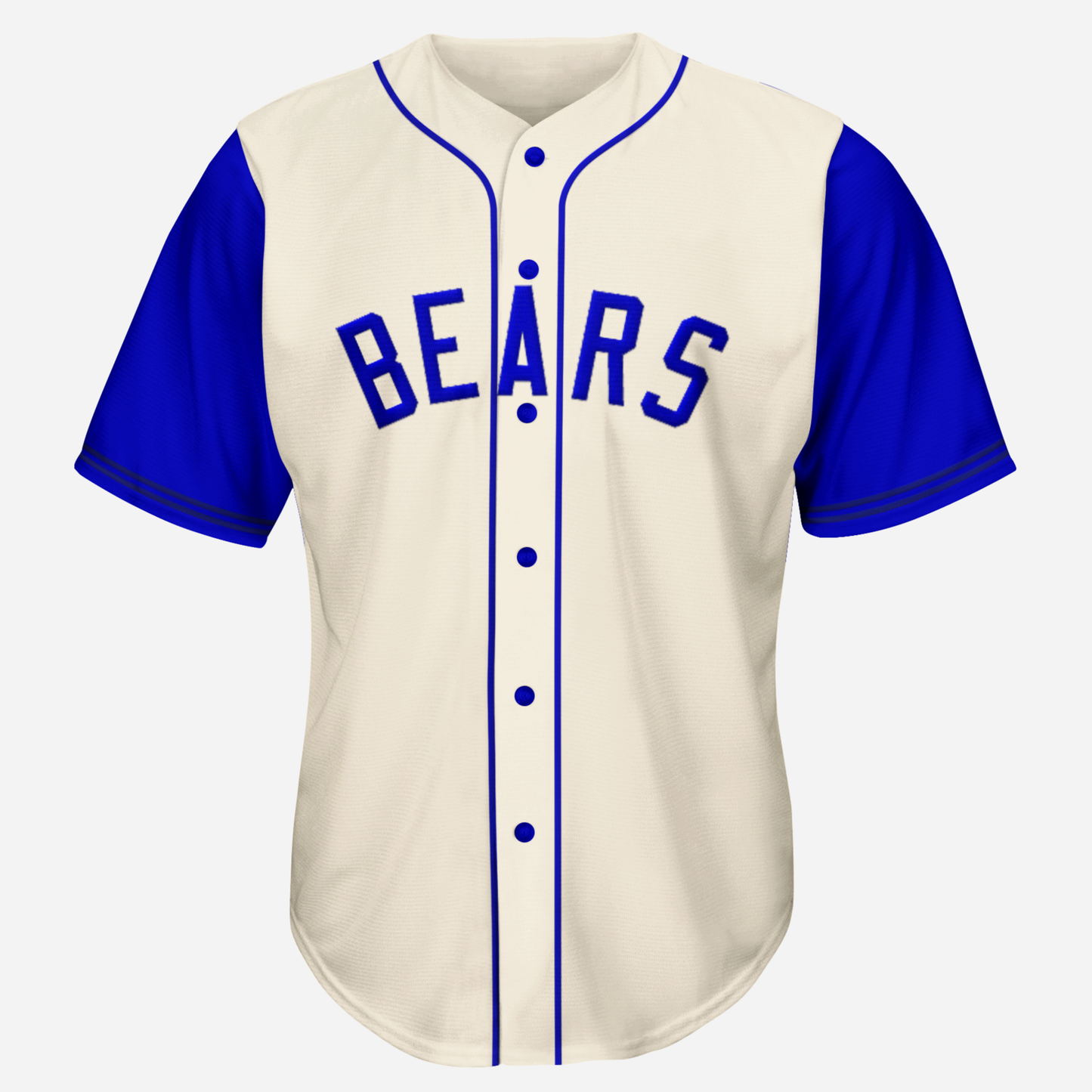 milwaukee bears negro league button-up baseball jersey. White. Blue sleeves and blue buttons. White stripe around neck and down both sides of buttons. BEARS in blue across chest. Royal Retros