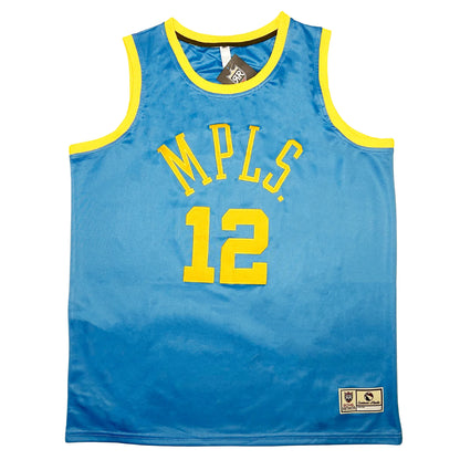 Minneapolis BAA basketball jersey. Light blue with yellow trim at the shoulders and neck. MPLS in yellow arched across the chest with a large yellow 12 below. Royal Retros