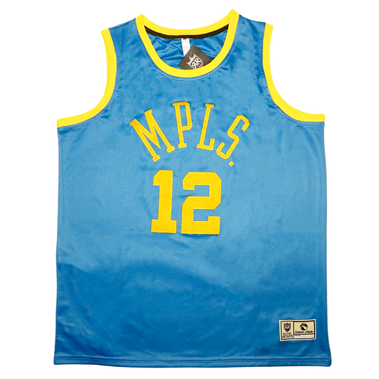 Minneapolis Lakers basketball jersey. Light lue with yellow trim at shoulders and neck. MPLS in yellow arched across chest. #12 yellow large on chest. Royal Retros