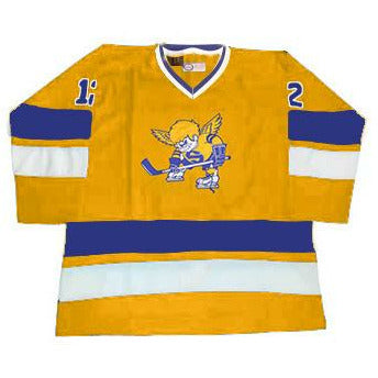 Minnesota Fighting Saints Jersey Gold. Large blue, small gold, large white band mid-sleeve and around waist. Skating Saint logo on chest.  #12 in blue with white trim on shoulders. Royal Retros