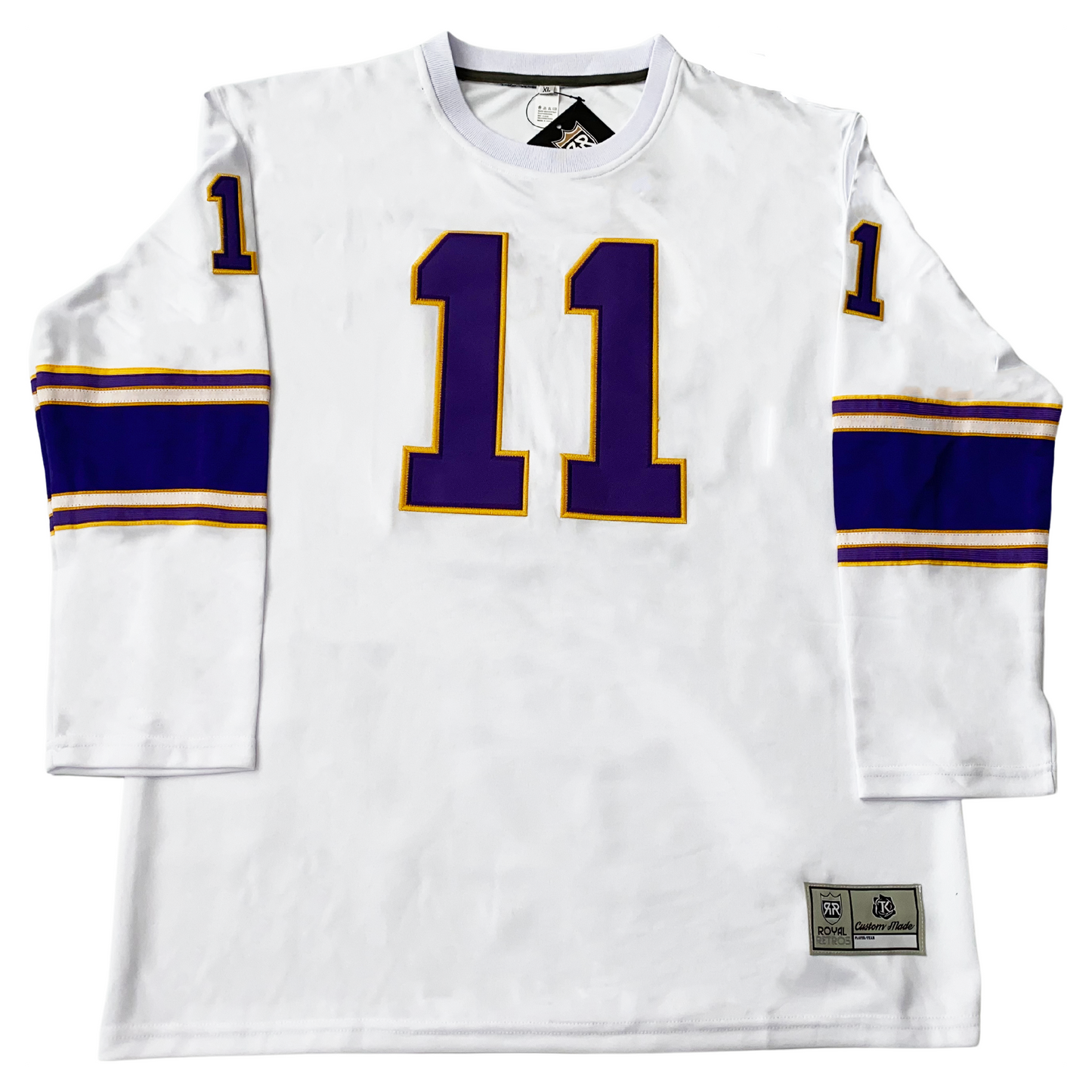 Minnesota Vikings jersey white. Gold, white, and purple trim on sleeves. #11 large on chest in purple with gold trim, small on sleeves. Royal Retros