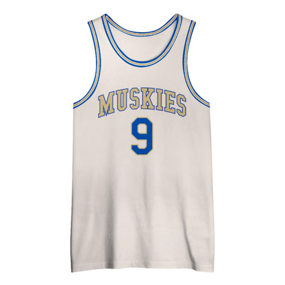 White Minnesota Muskies Jersey with blue trim, celebrating Famer Jim Pollard and championships