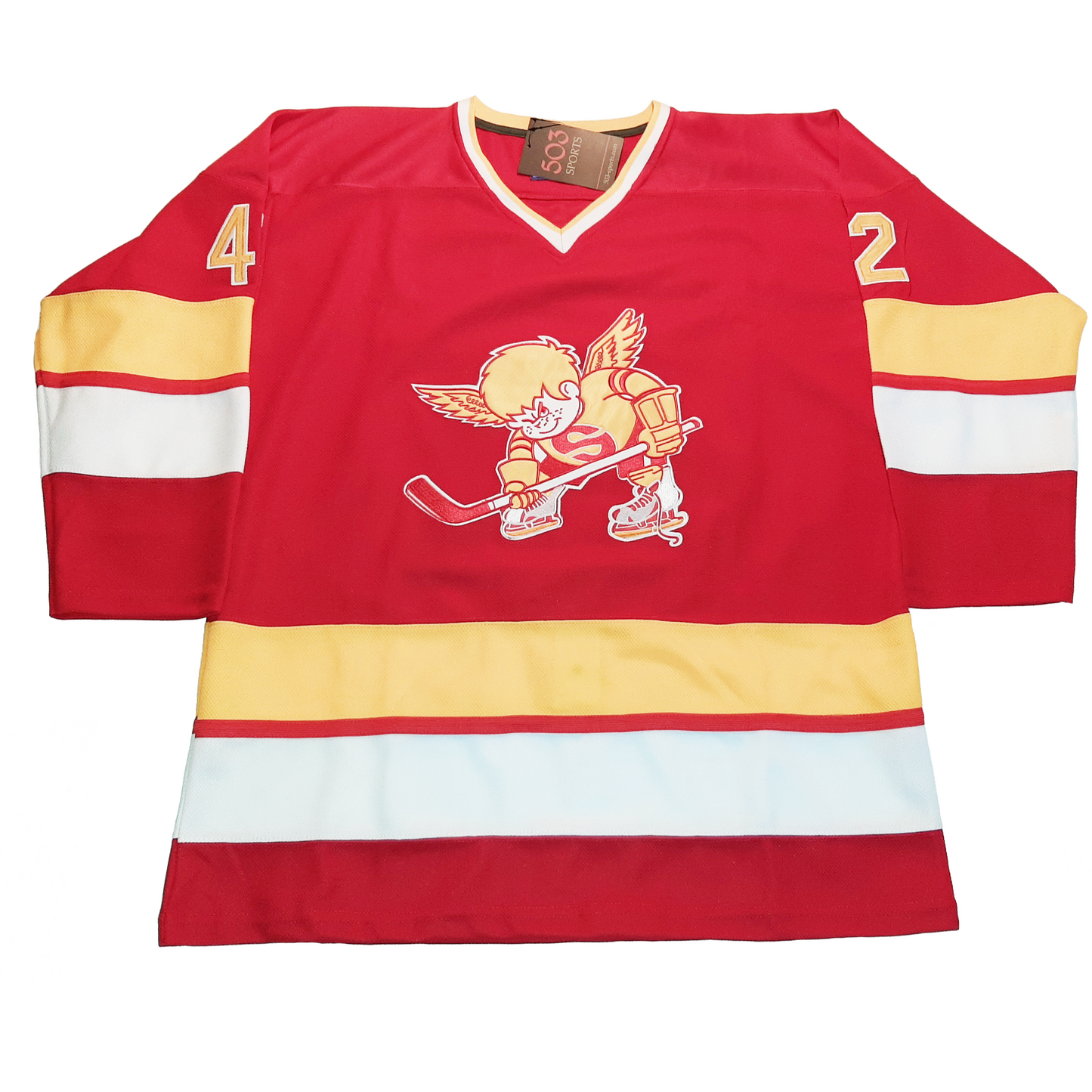 New Minnesota Fighting Saints Jersey red. Large gold, small red, large white band at mid-sleeve and around waist. Saint Skater logo on chest front #42 in gold with white trim on shoulders. Royal Retros