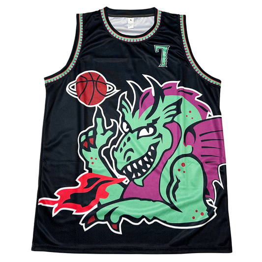 New Jersey Swamp Dragons proposed basketball  jersey black. Large green and purple dragon spinning a basketball. #7 in green with black and white trim on left chest. Jagged green and purple trim on shoulders and neck. Royal Retros