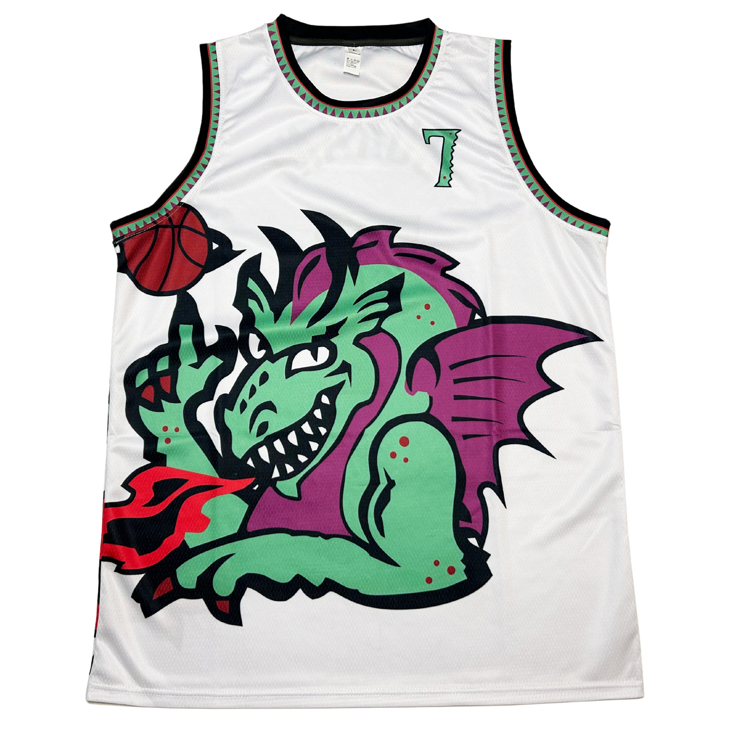 New Jersey Dragons proposed basketball  jersey white. Large green and purple dragon with black shadow spinning a basketball. #7 in green with jagged purple and green trim on left chest. Jagged green and purple trim with black edging on shoulders and neck. Royal Retros