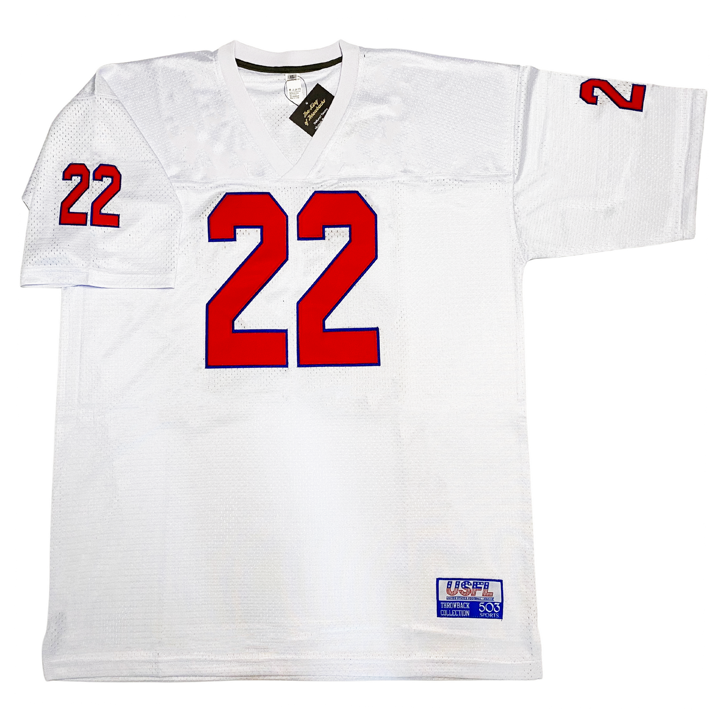 New Jersey Generals Doug Flutie USFL Jersey white with red #22 with blue trim.  Royal Retros
