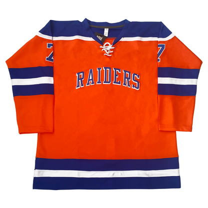 Orange York Raiders Jersey with blue and white stripes, individually handmade design