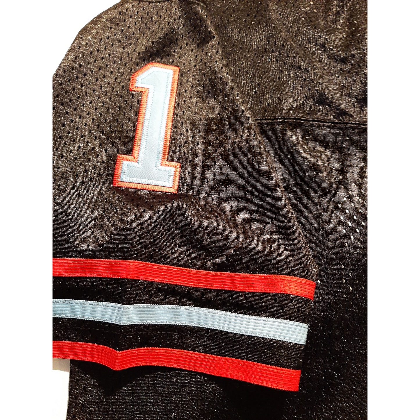 Black mesh Oil Rush Jersey with number one, individually handmade heavyweight sewn tackle