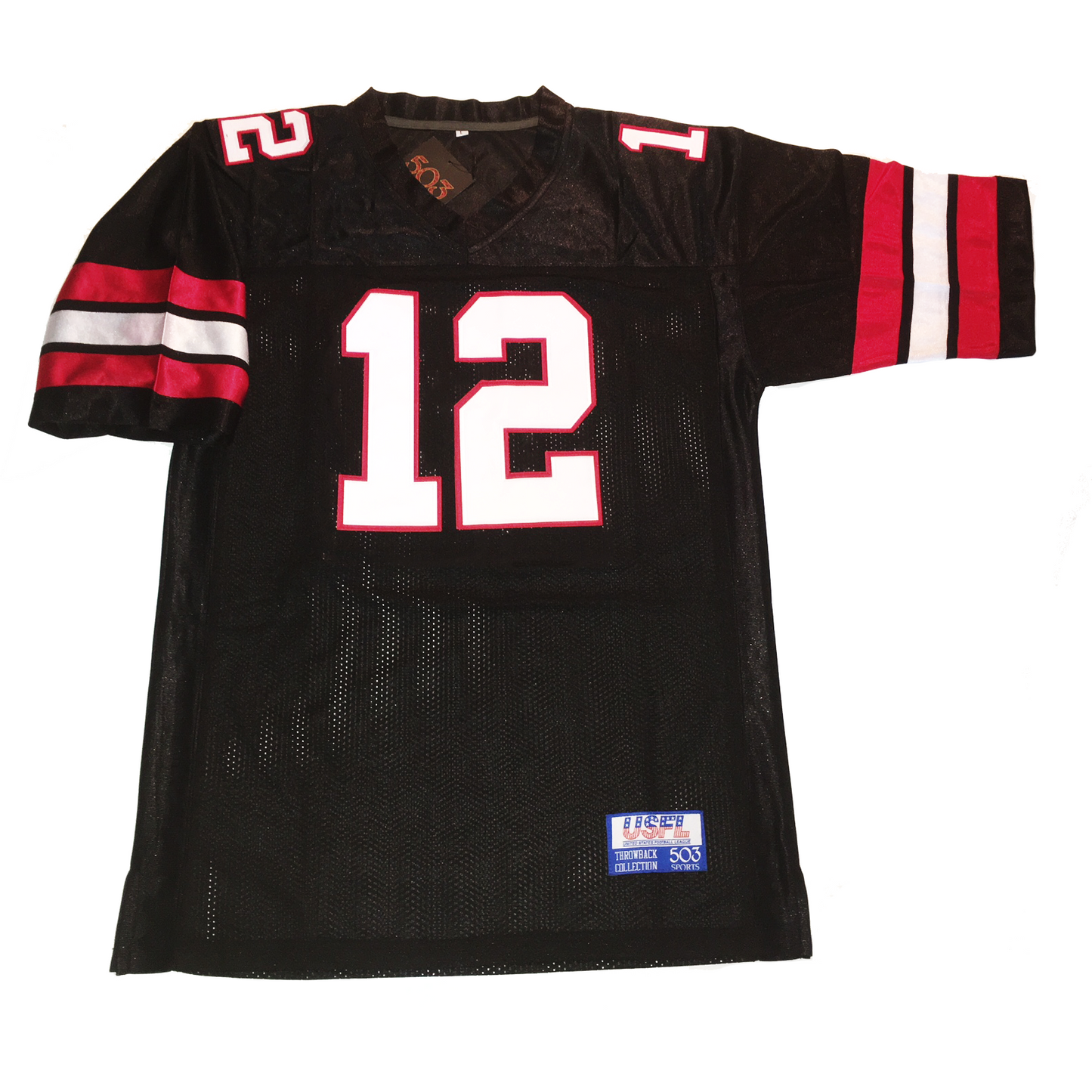 Oklahoma Outlaws USFL Jersey black. Red, white, red bands mid-sleeve. #12 white with red trim large on chest, small on shoulders.  Royal Retros