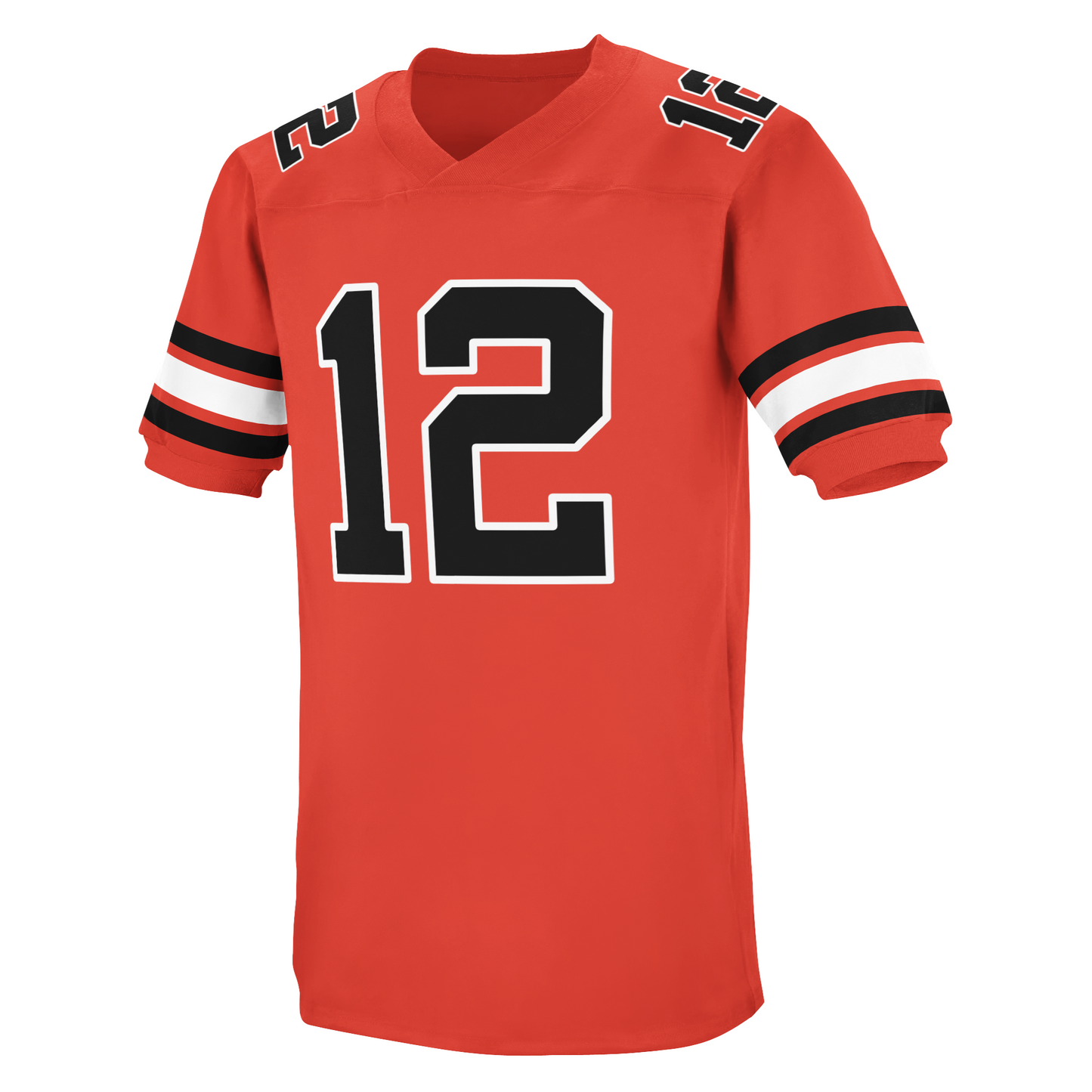 Arizona Outlaws USFL Jersey red. Black and white bands mid-sleeve. #12 black  with white trim outline large on chest, small on shoulders. Royal Retros