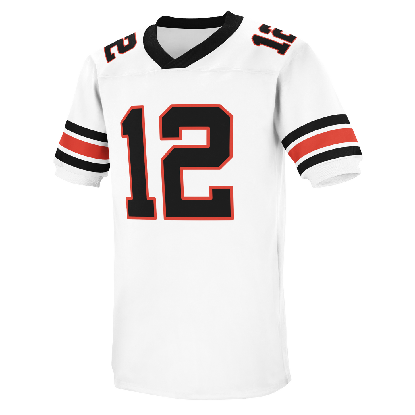 Arizona Outlaws USFL Jersey black. Black and red trim at sleeve ends and collar. #12 black  with red trim large on chest, small on shoulders. Outlaw logo, black cowboy hat and bandana with white detail on shoulders. Royal Retros