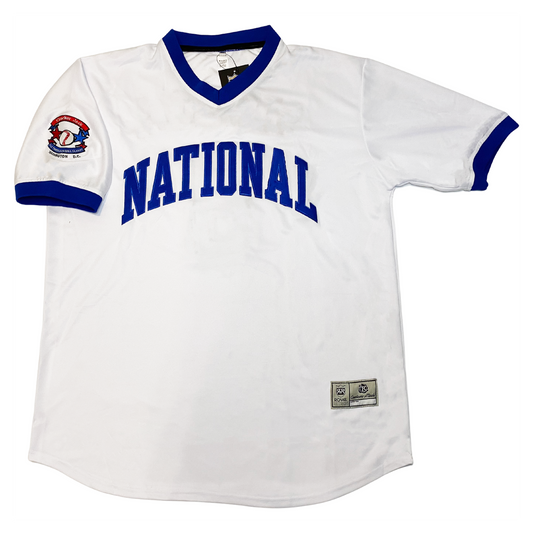 Old Timers baseball jersey. NATIONAL in blue block letters arched across chest. Blue sleeve ends and collar. Royal Retros