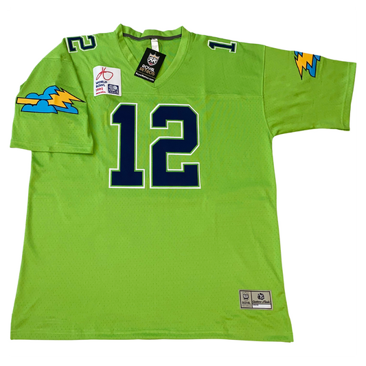 Orlando Thunder WLAF Jersey lime green #12 in dark green with white trim large on chest, small on shoulders. Thunder logo, two blue clouds with gold lightning bolt, on shoulders.  Royal Retros