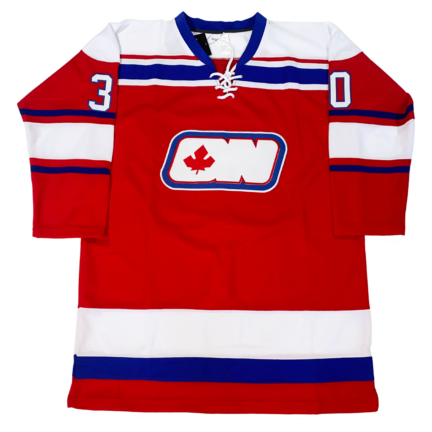 Ottawa Nationals hockey Jersey. Red. Blue collar with white shoulders. Red, white, blue, white trim across top. Thin blue, thin red, thick white, thin red, thin blue bands mid-sleeve. White and blue bands just above waist. White ON logo in angled rectangle with blue and white trim. Red Maple Leaf in center of O. #30 white with blue trim on upper shoulders. Royal Retros