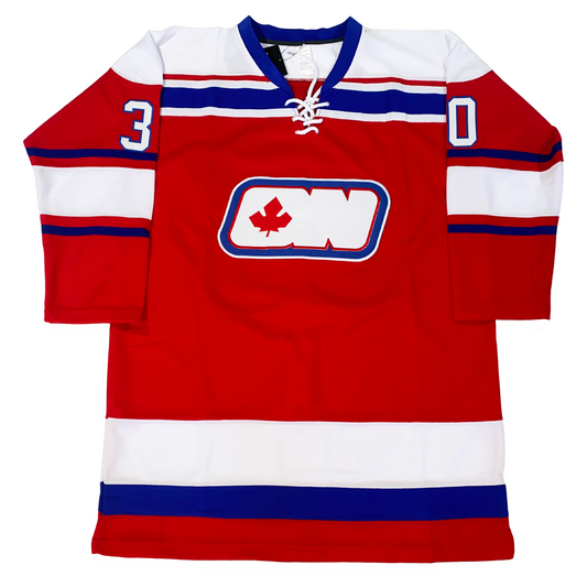 Ottawa Nationals hockey Jersey. Red. Blue collar with white shoulders. Red, white, blue, white trim across top. Thin blue, thin red, thick white, thin red, thin blue bands mid-sleeve. White and blue bands just above waist. White ON logo in angled rectangle with blue and white trim. Red Maple Leaf in center of O. #30 white with blue trim on upper shoulders. Royal Retros