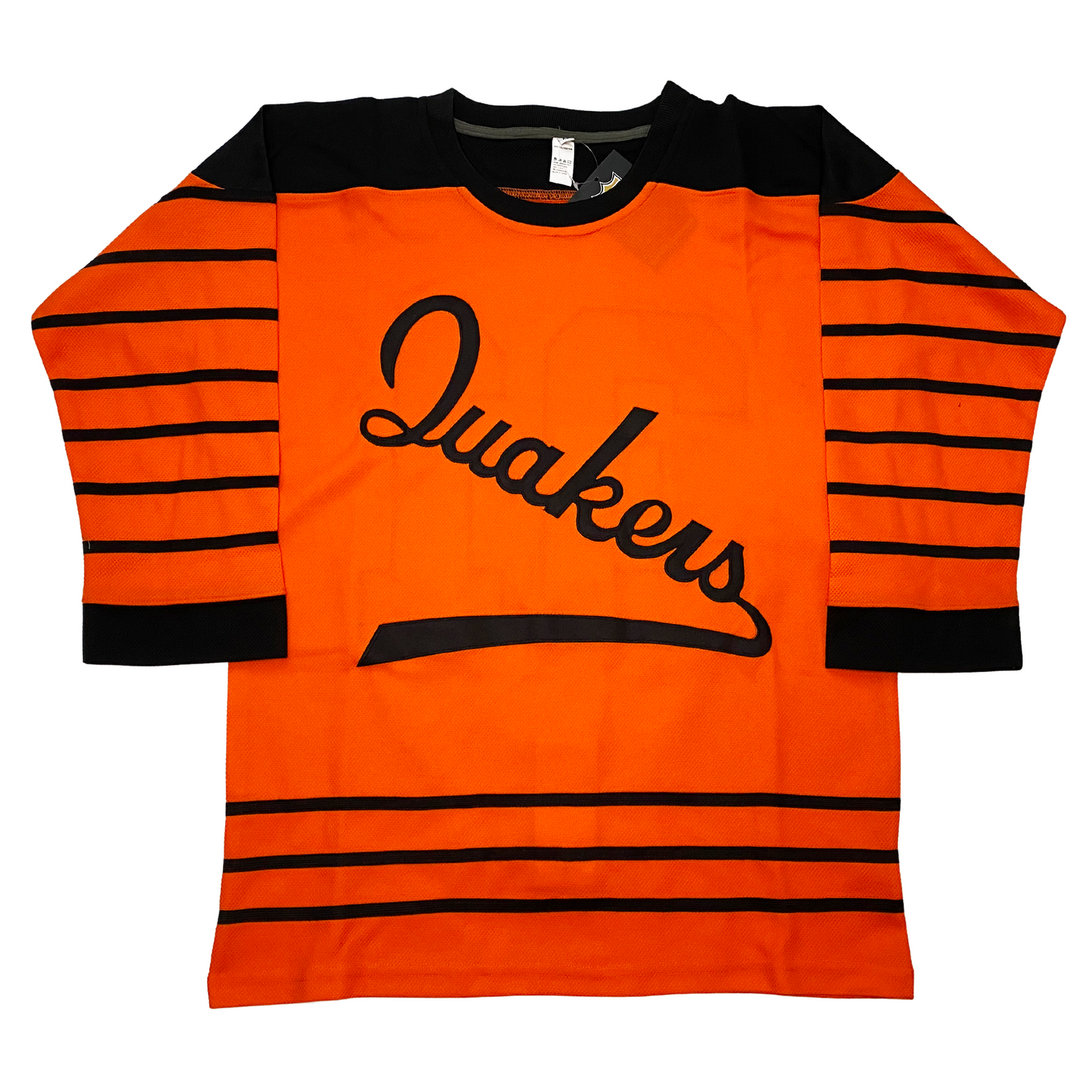 Philadelphia Quakers Jersey orange. Quakers script in black diagonal left to right down front. Black shoulders. Black stripes on sleeves and waist. Royal Retros