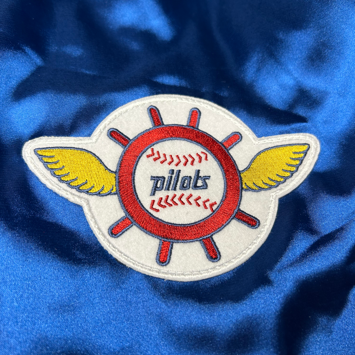 Seattle Pilots Jacket close-up logo Royal Retros