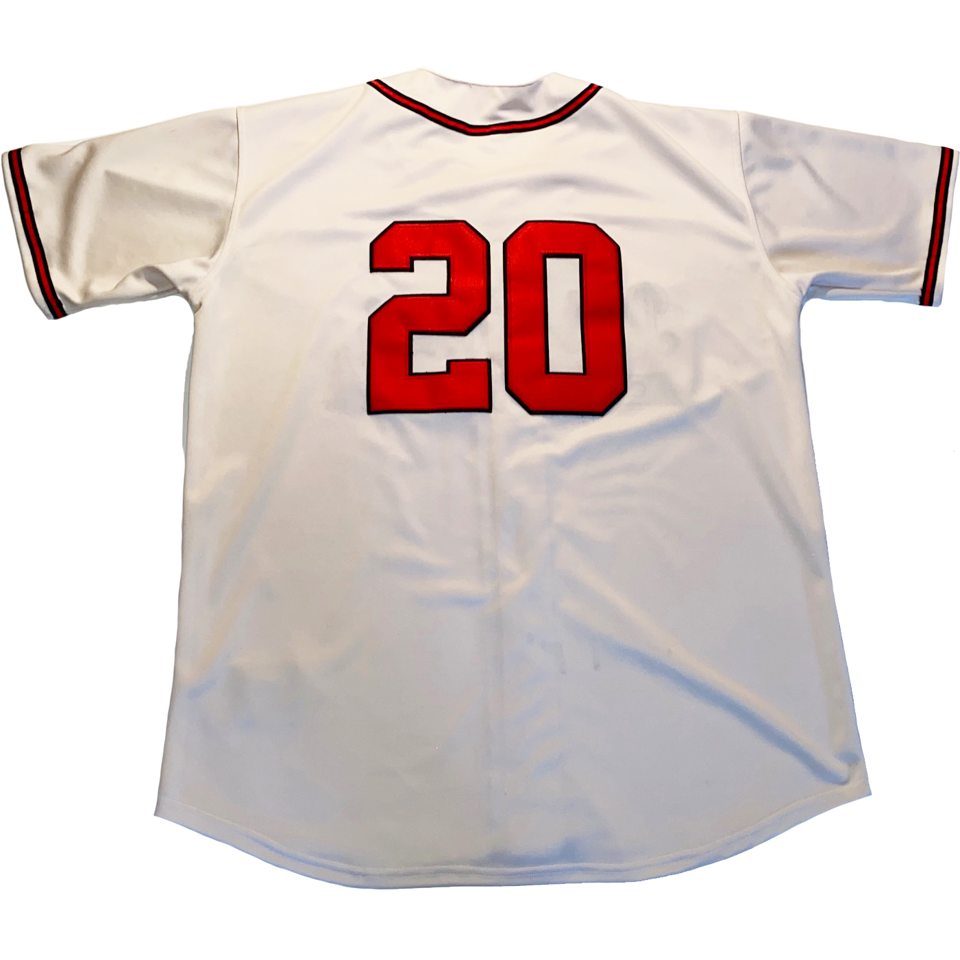 Pittsburgh Crawfords white baseball jersey back. Black, red, and black trim at sleeve ends and around neck. #20 large on back red with black trim. Royal Retros