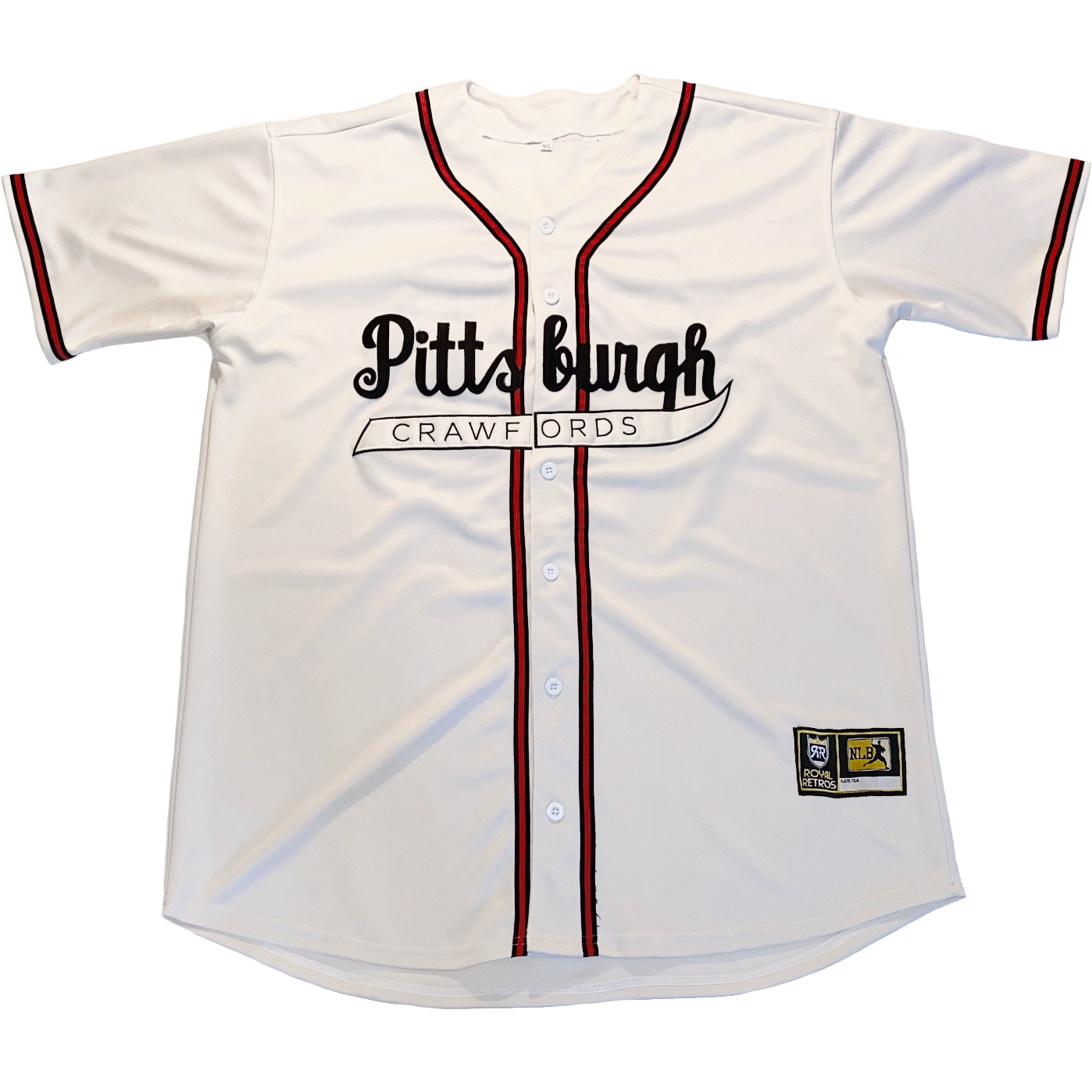 pittsburgh crawfords negro leagues button-up baseball jersey. White. Pittsburgh in cursive in black across chest. Red, black, and red trim around sleeve ends, around neck and down front on either side of busttons. Royal Retros