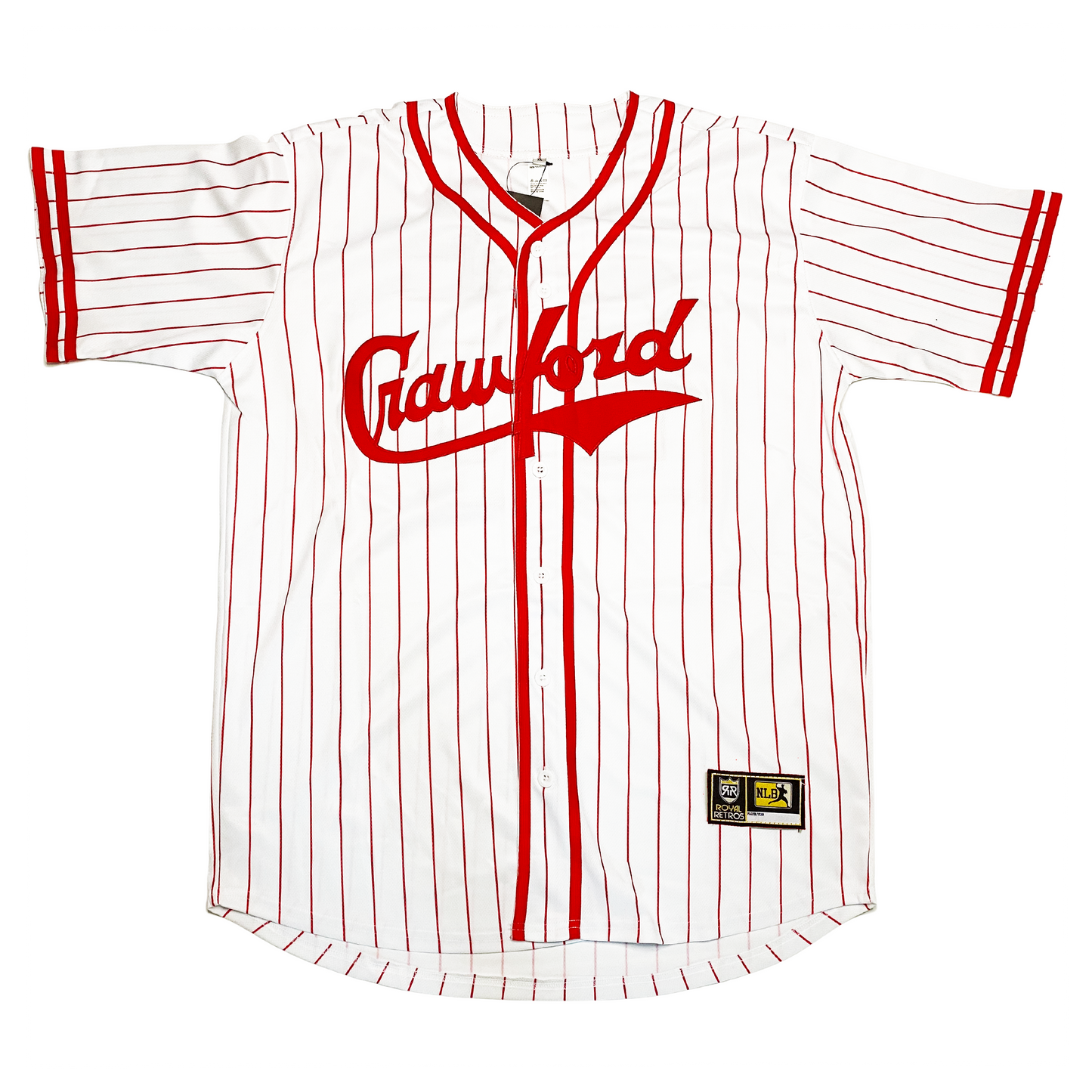 pittsburgh crawfords negro league button-up baseball jersey, White with red pinstripes. Crawford in red cursive with text tail coming off of C. Two red stripes at sleeve ands, around neck, and down front on both sides of buttons. Royal Retros
