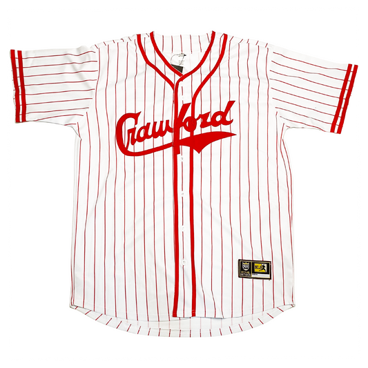 pittsburgh crawfords negro league button-up baseball jersey, White with red pinstripes. Crawford in red cursive with text tail coming off of C. Two red stripes at sleeve ands, around neck, and down front on both sides of buttons. Royal Retros