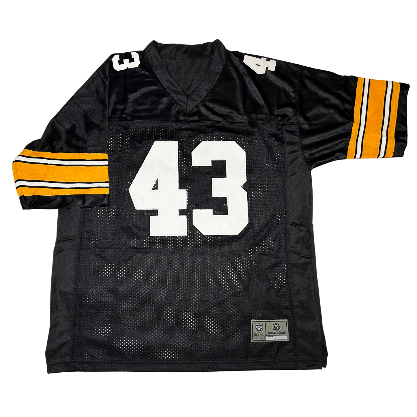 Pittsburgh football jersey black. Alternating gold and white bands with black on sleeves. #43 in white large on chest, small on shoulders. Royal Retros. 