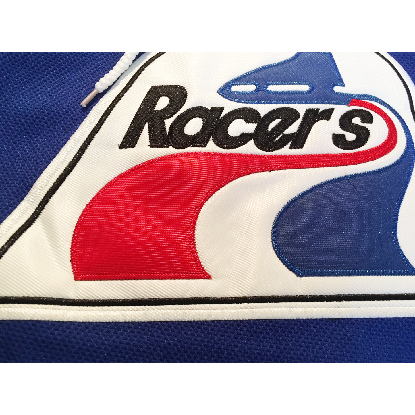 wayne gretzky indianapolis racers jersey close-up logo of Racers logo, with skate, Racers, and skate tracls below. Royal Retros