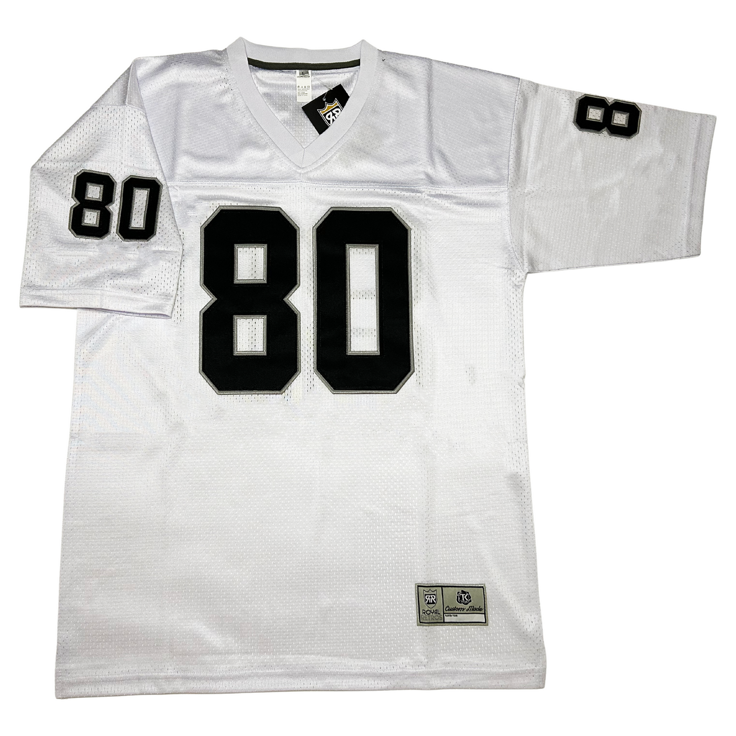 Raiders Jersey white with black #80 outlined in silver on chest and sleeves Royal Retros