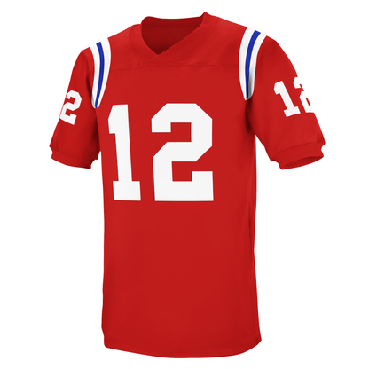 Red New England Colonials Jersey featuring tackle twill white number 12 design