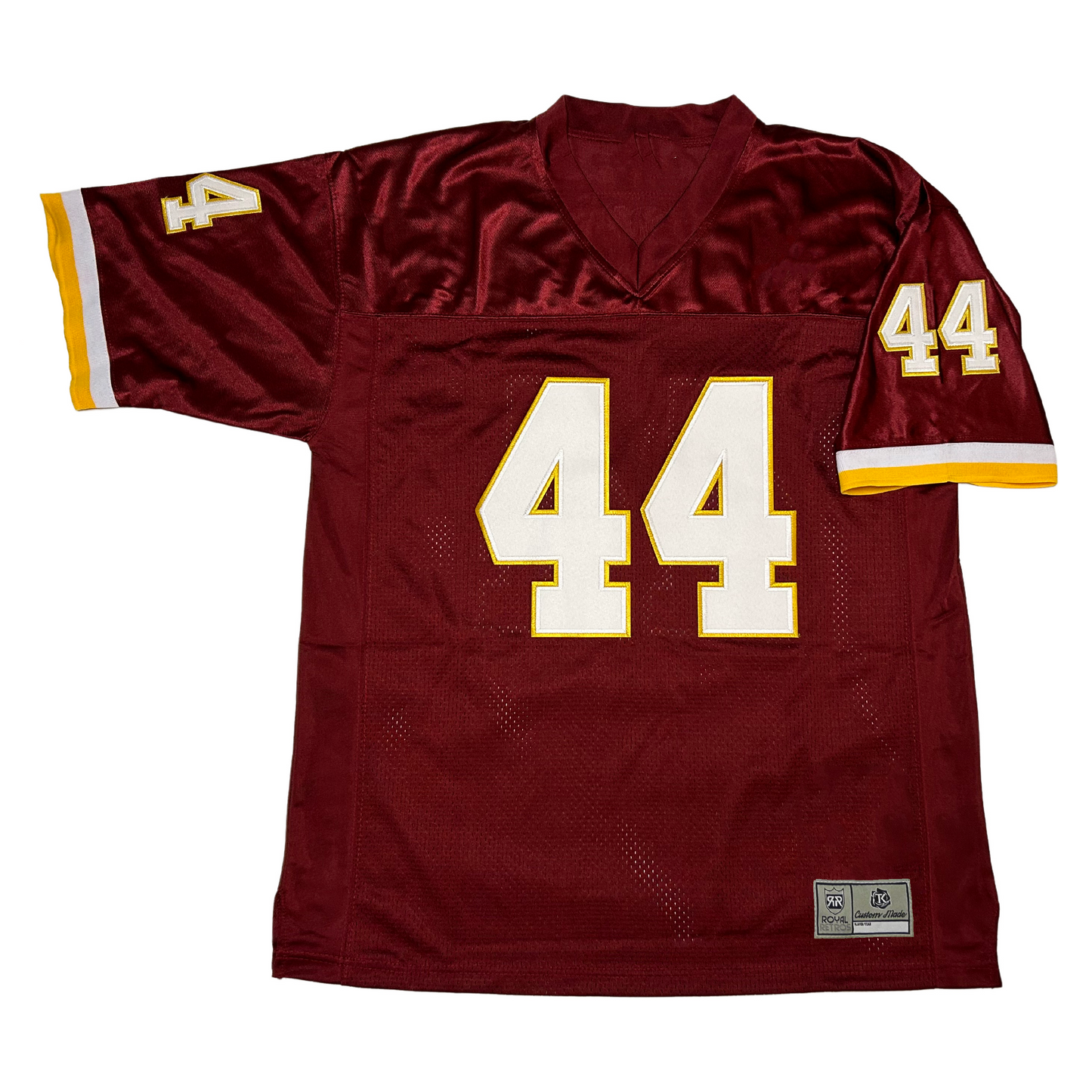 Washington Redskins 1980s jersey maroon. White and gold bands and sleeve ends. #44 large in white with gold trim large n chest, small on sleeves. Royal Retros