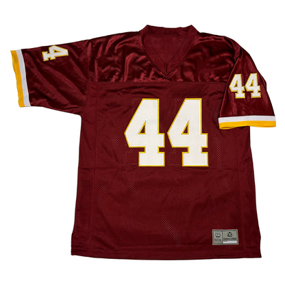 Washington Redskins 1980s jersey maroon. White and gold bands and sleeve ends. #44 large in white with gold trim large n chest, small on sleeves. Royal Retros