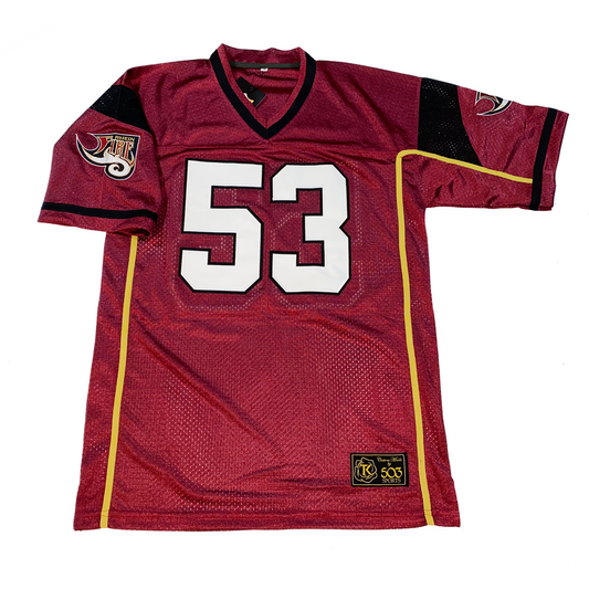 Rhein Fire WLAF Jersey maroon. Maroon and black collar. Black trim at shoulders/sleeves. Team logo on sleeve. Gold trim down the side with white #53 with black trim Royal Retros