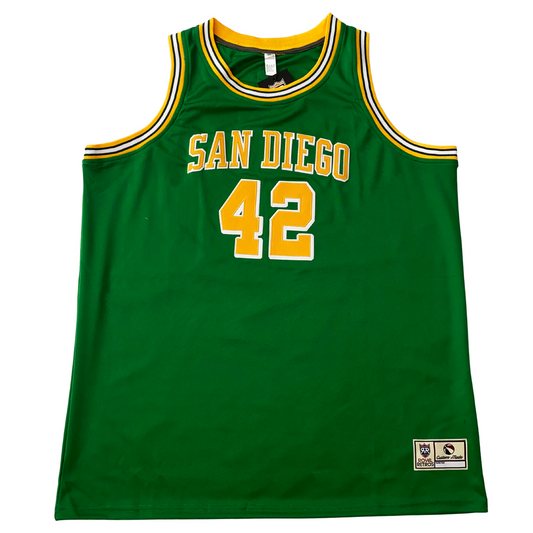 san diego rockets jersey green with yellow, white, and green trim on neck and shoulders. San Diego in yellow with white trim, #42 yellow with white trim. Royal Retros