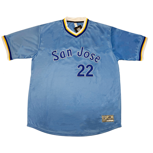 Light blue San Jose Bees jersey featuring a vintage hockey design for fans