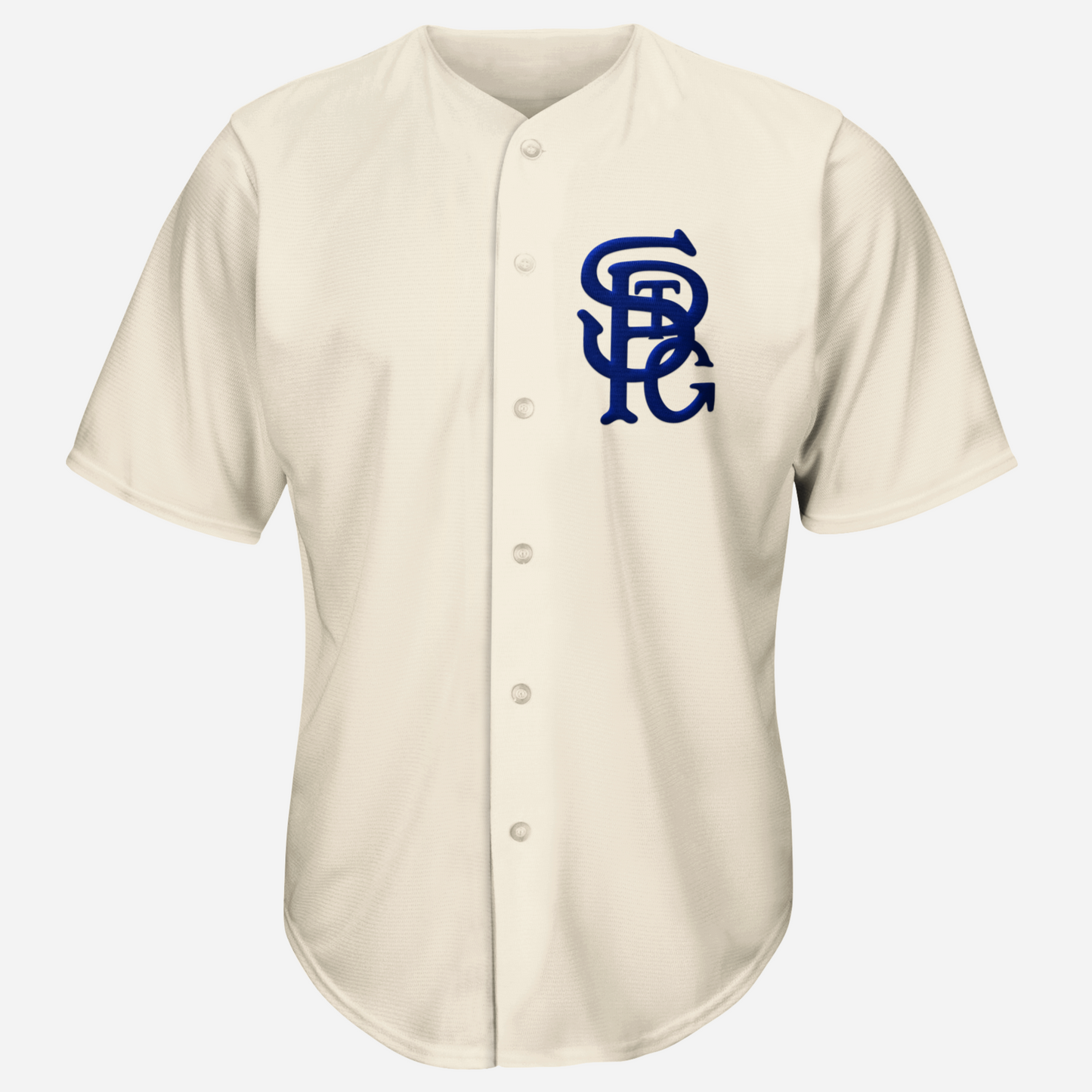 St Paul Gophers button-up baseball jersey white. Interlocking STPG in blue on upper left chest. Royal Retros