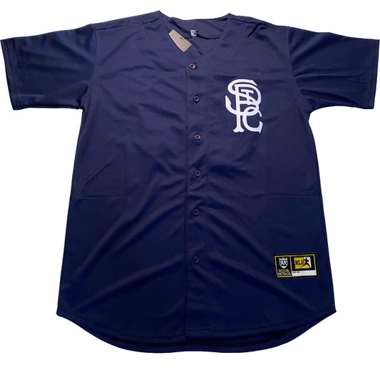 st paul gophers negro league button-up baseball jersey. Blue. Interlocking STPG in white on upper left chest. Royal Retros
