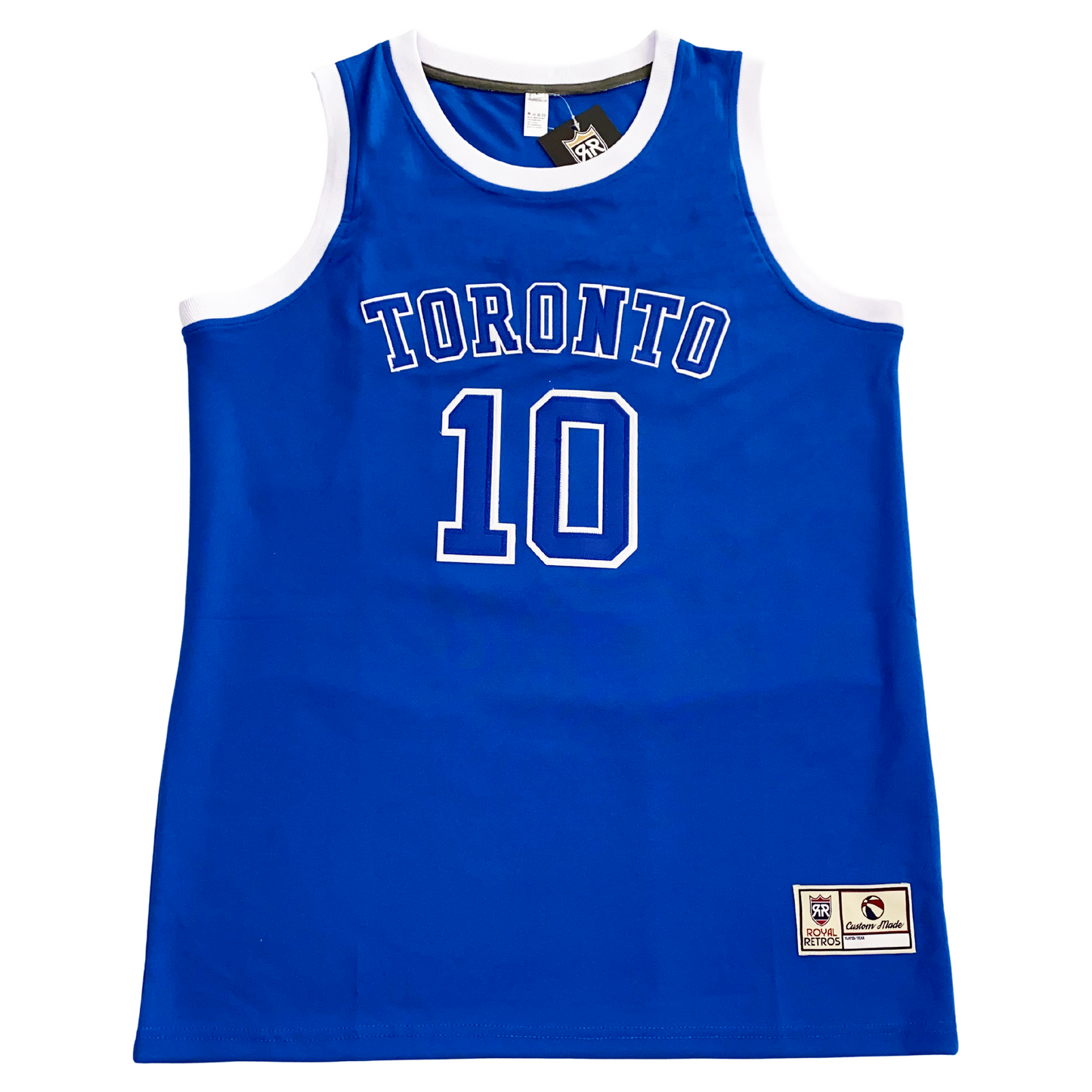 Toronto Huskies basketball jersey. Blue White trim around shoulders and neck. TORONTO outlined in white arched across chest. #10 outlined on white, large on chest. Royal Retros