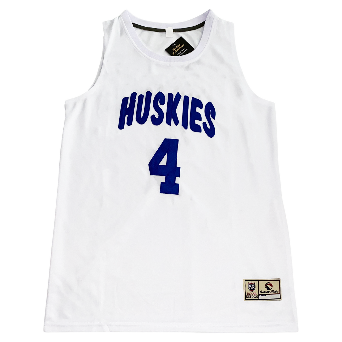 Toronto Huskies basketball jersey.  White. Huskies in blue arched across chest. 4 in blue, large on chest. Royal Retros