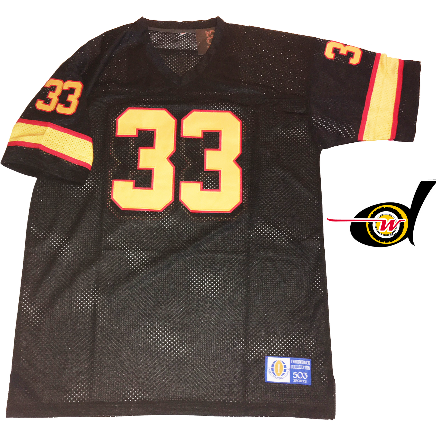 Detroit Wheels WFL Jersey black with gold numbers outlined in red Royal Retros