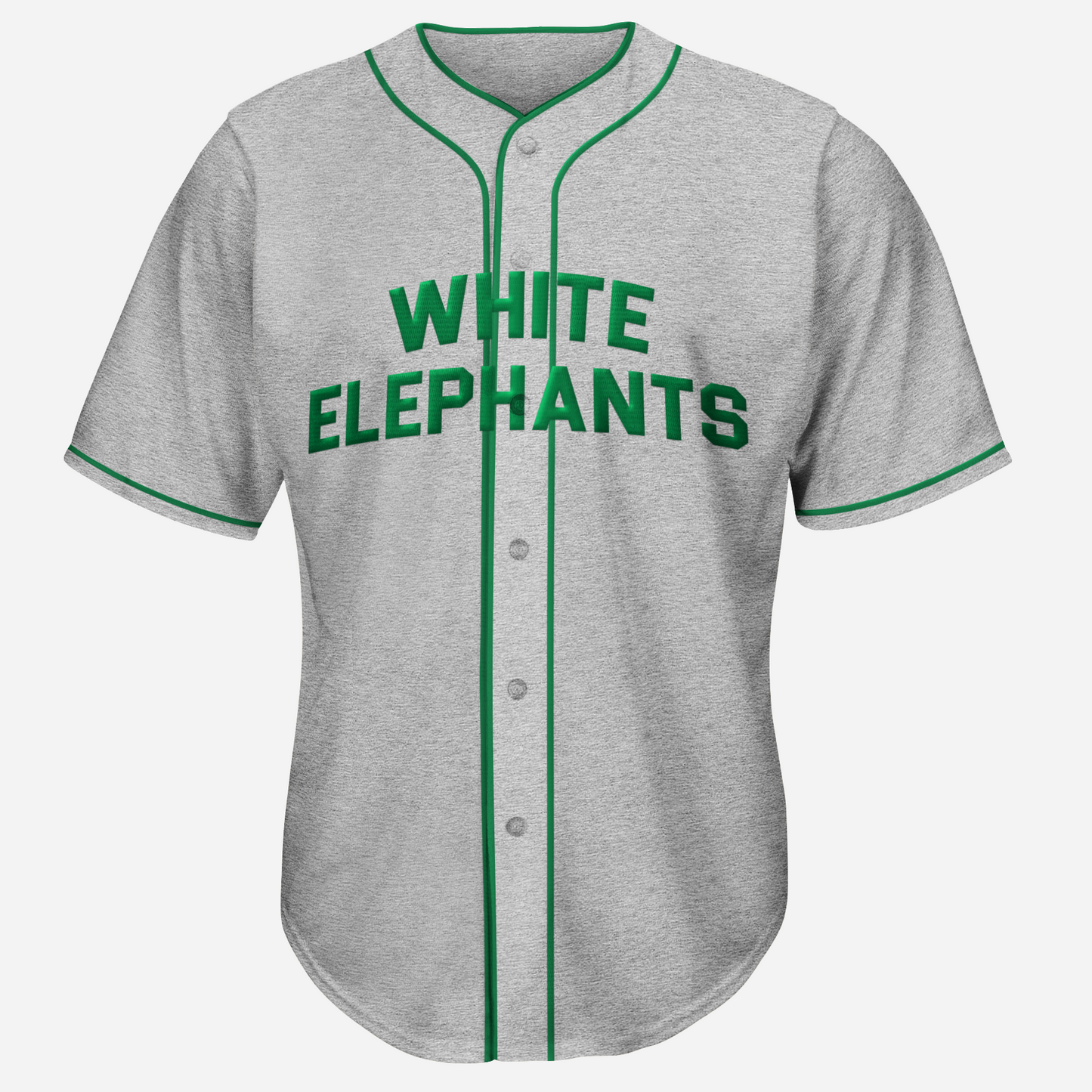 Denver White Elephants negro leagues button-up jersey. Pepper gray. Green trim on sleeve ends, around neck, and down front. White Elephants in green across chest Royal Retros