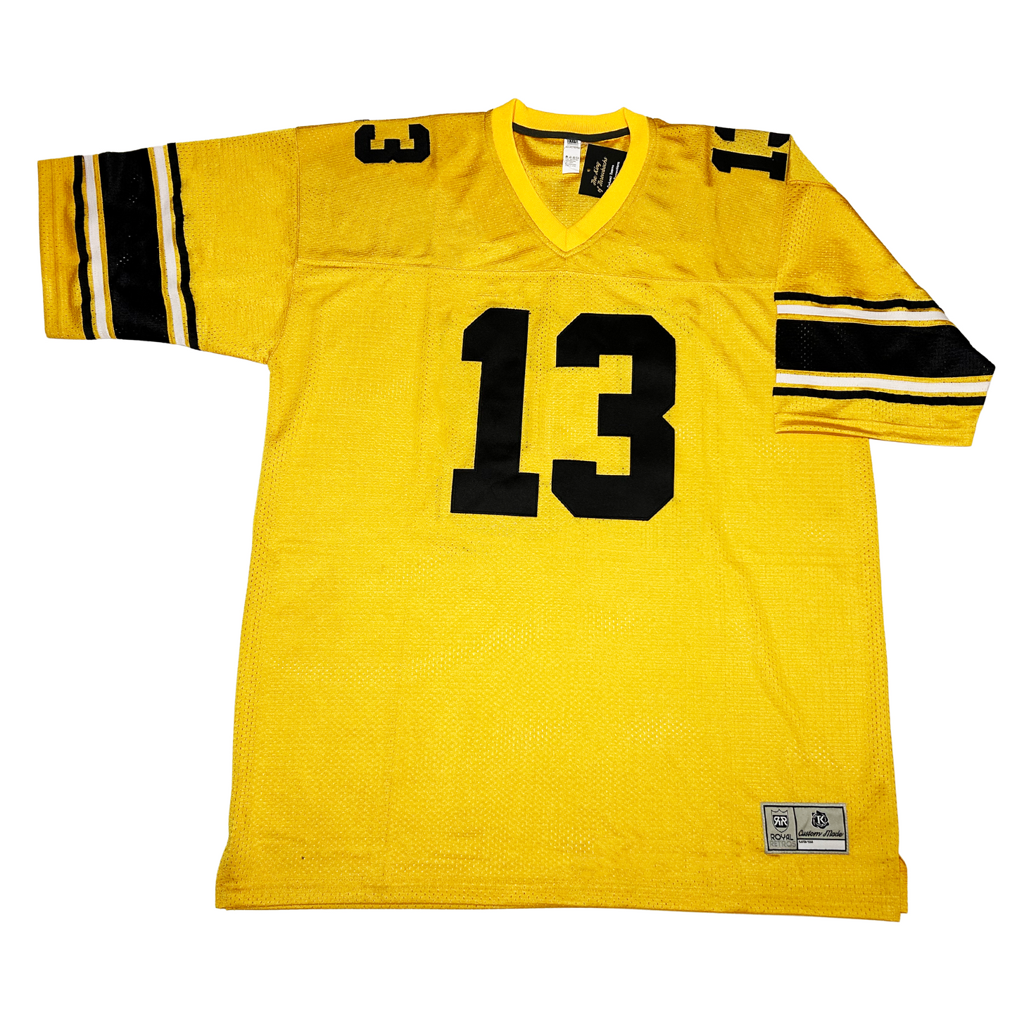 Pittsburgh yellow football jersey. Alternating black and white stripes with yellow on sleeves. #13 black large on chest, smaller on shoulders, Royal Retros.